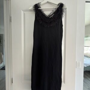 St. John Black Feather-Trimmed Slip Dress
